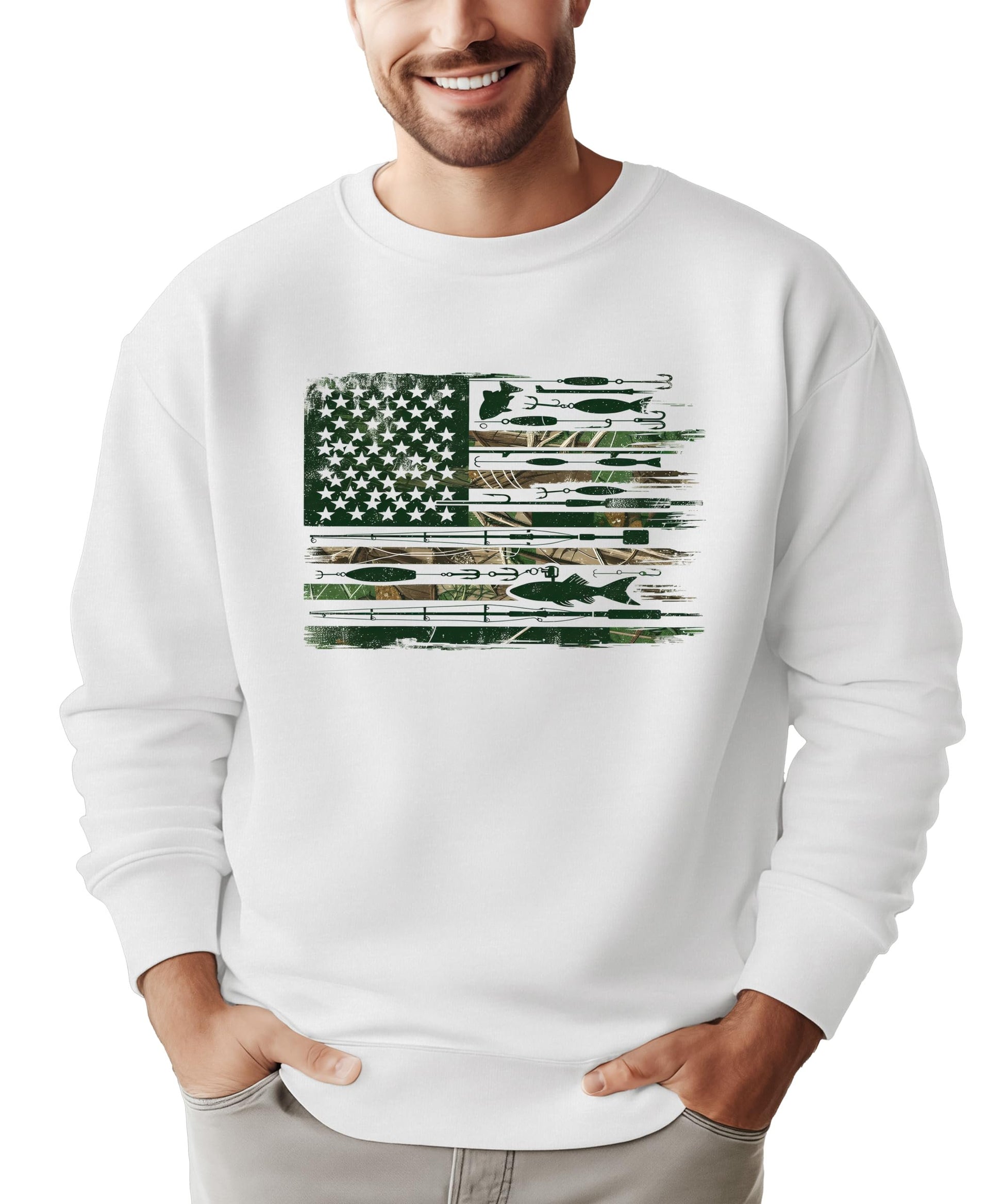 Men's white pullover sweatshirt with American flag made from fishing poles, lures, and hooks graphic
