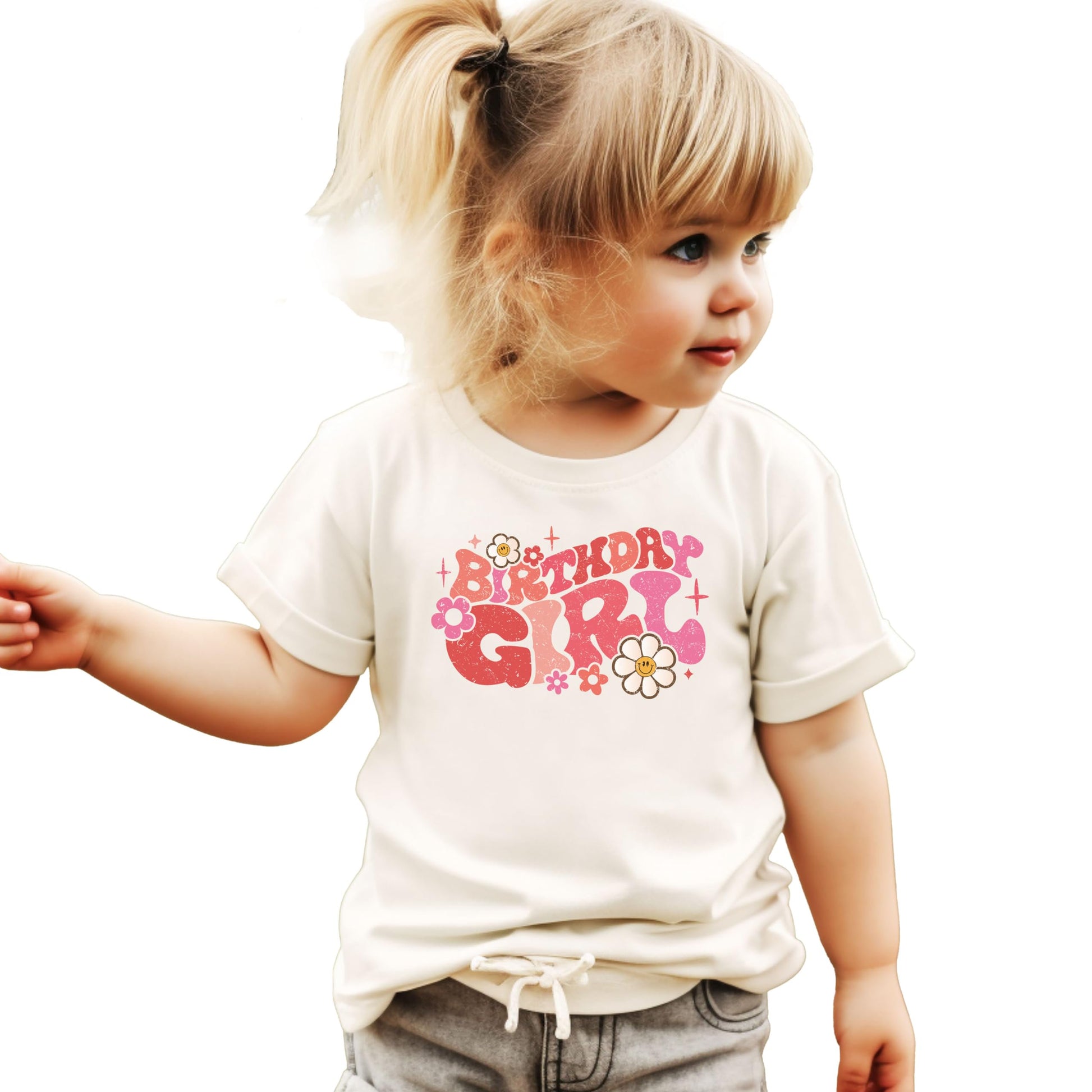 Side or back view of birthday girl groovy daisies natural shirt for kids and toddlers
