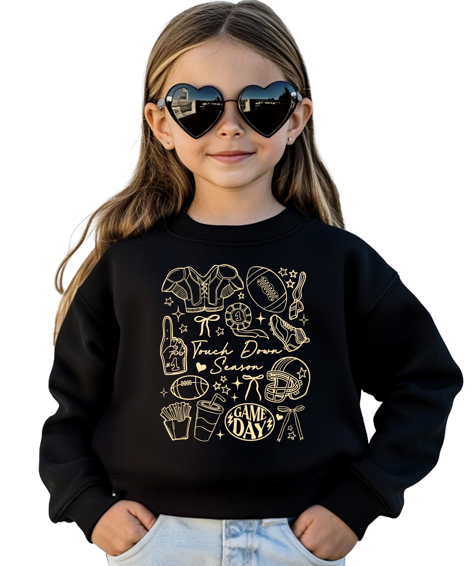 Detail shot of football themed graphics on Touch Down Season sweatshirt with sports equipment design