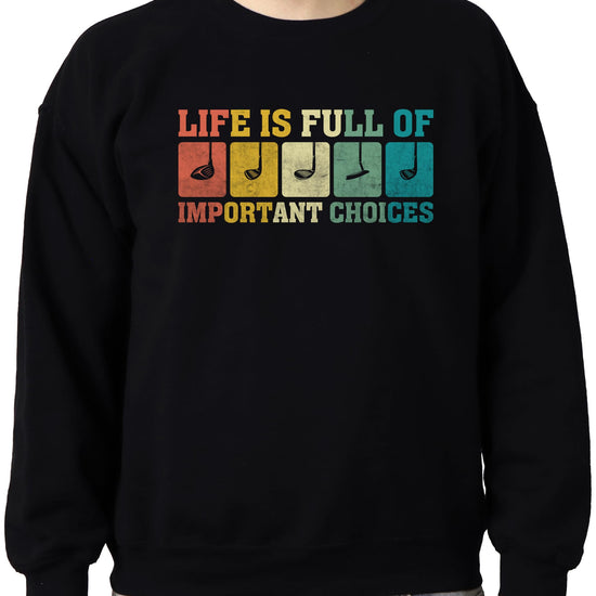 Front view of funny men's golf sweatshirt featuring vibrant multicolor golf club design on black fleece pullover
