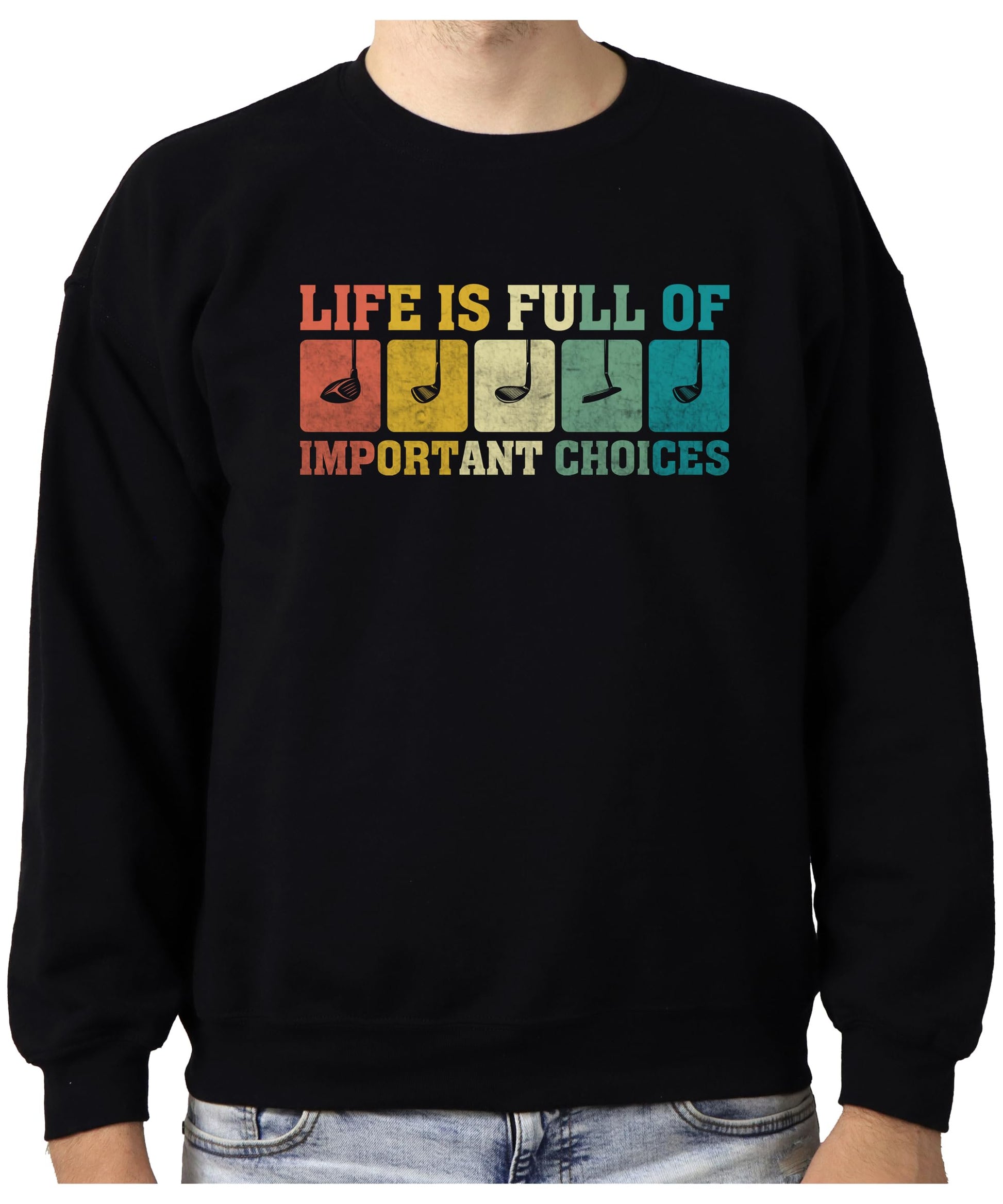 Front view of funny men's golf sweatshirt featuring vibrant multicolor golf club design on black fleece pullover