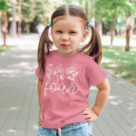 Toddler birthday outfit featuring purple floral fourth birthday shirt