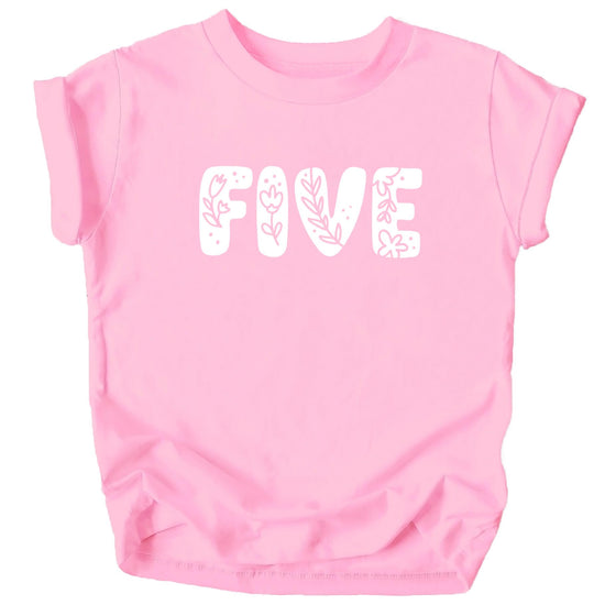 Close-up of floral doodle number one graphic on white and mauve kids birthday shirt