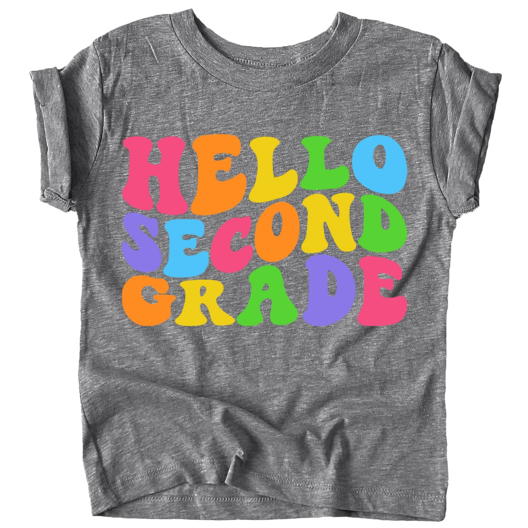 Purple kids tee with bold wavy Hello 2nd Grade graphic for back to school
