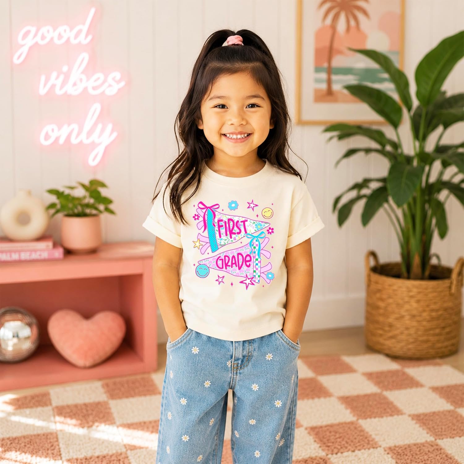 Back to school gift idea girls first grade floral tee in pink with pennant flag print