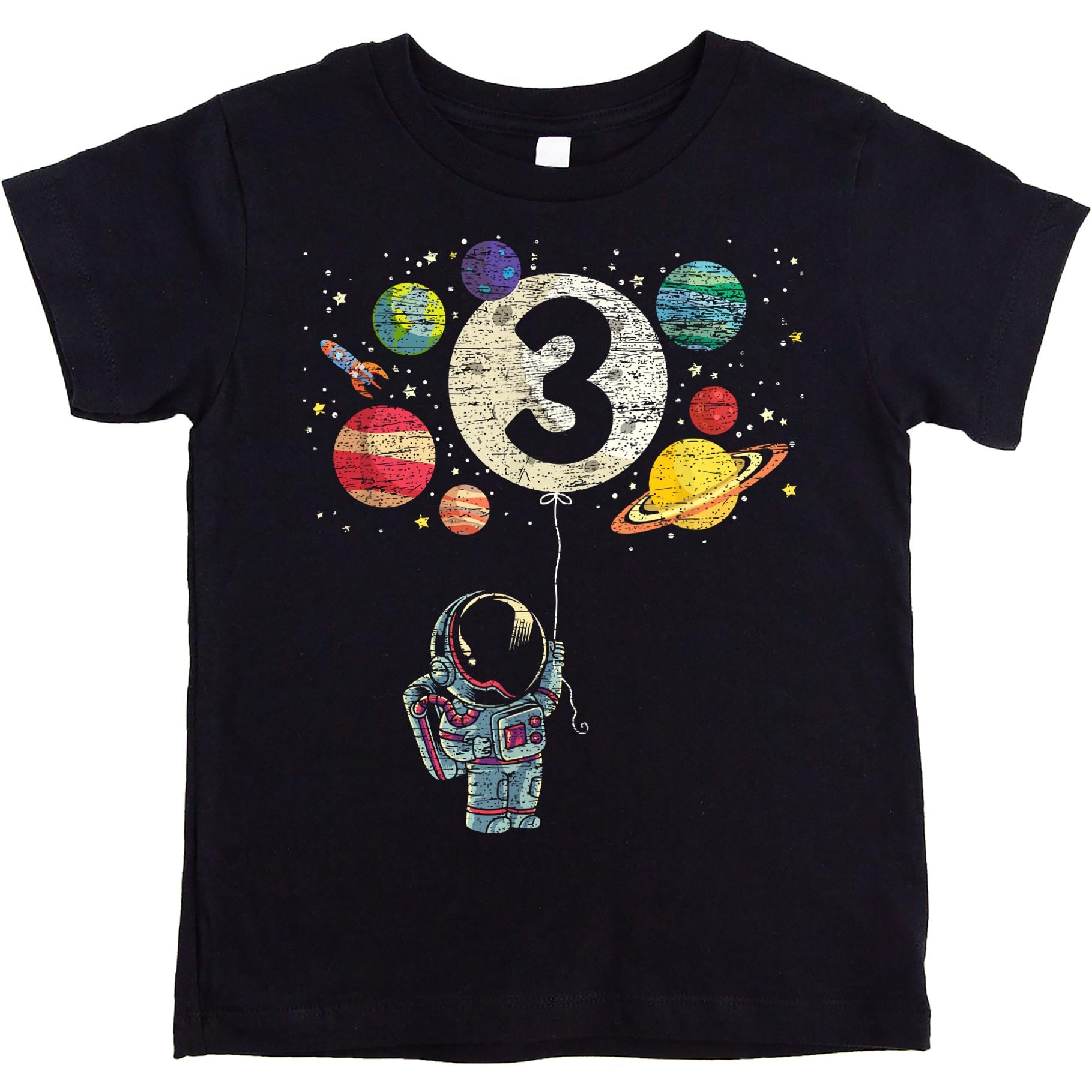 Black toddler tee with astronaut rocket moon balloon and planets graphic for 3rd birthday
