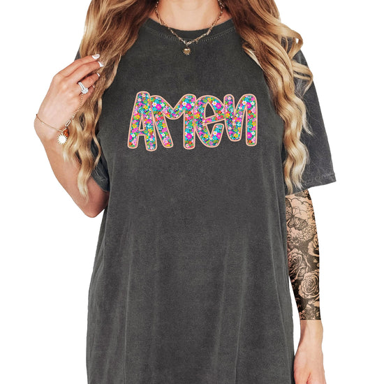 Front view of Amen Christian graphic tee with bright floral lettering, women's easter shirt