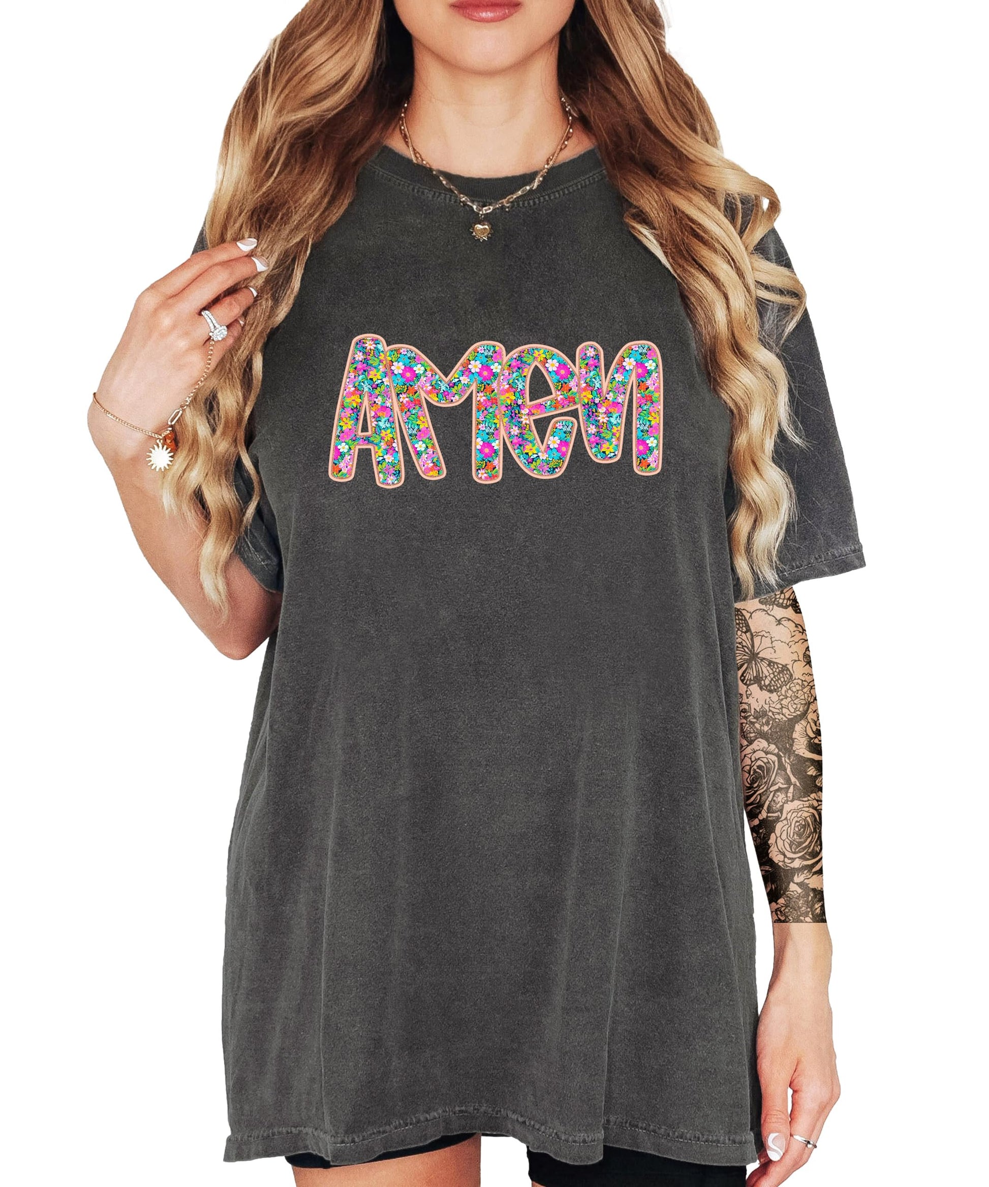 Front view of Amen Christian graphic tee with bright floral lettering, women's easter shirt
