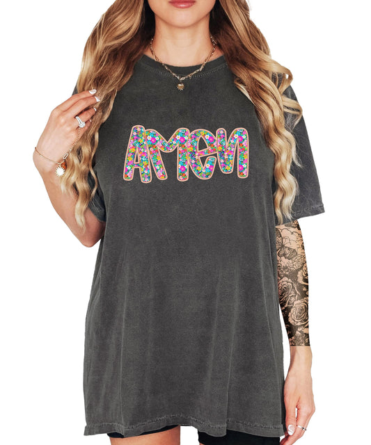 Front view of Amen Christian graphic tee with bright floral lettering, women's easter shirt