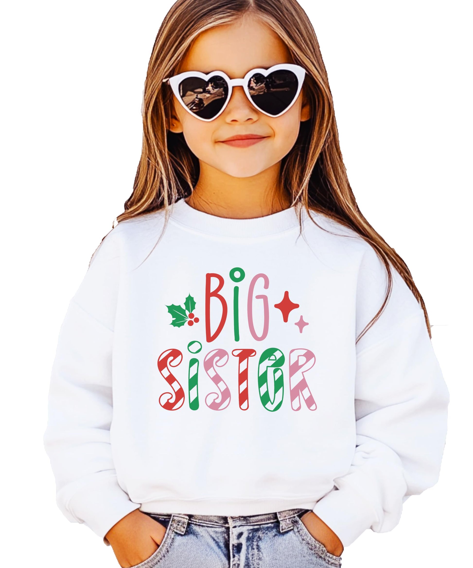 Kids white sweatshirt with candy cane stripe Big Sister lettering in red, green, and pink with holly and star accents