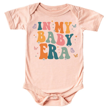 In My Baby Era Birth Announcement Bodysuit Retro Wavy Baby Era and Butterflies Peach Bodysuit Newborn