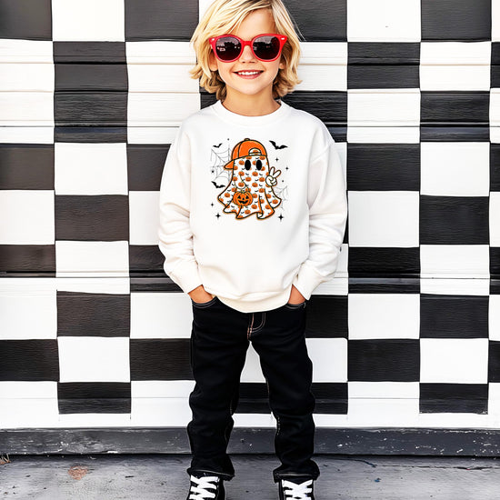 Boys white Halloween sweatshirt with spooky ghost graphic perfect for fall and trick-or-treating