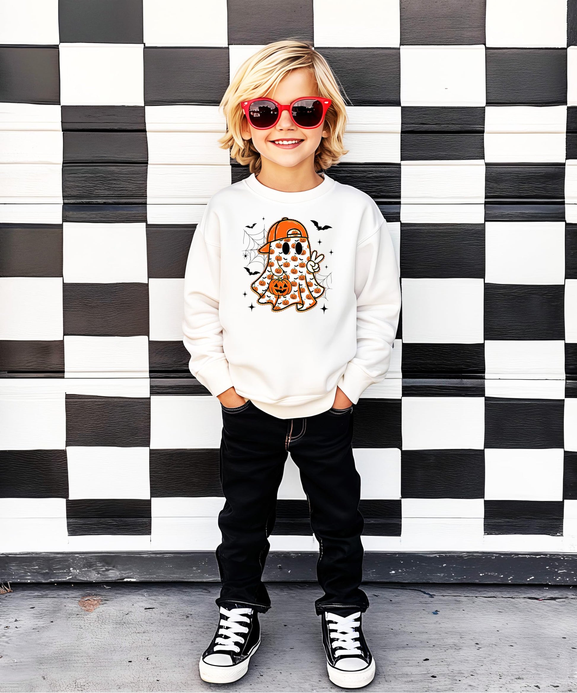 Boys white Halloween sweatshirt with spooky ghost graphic perfect for fall and trick-or-treating