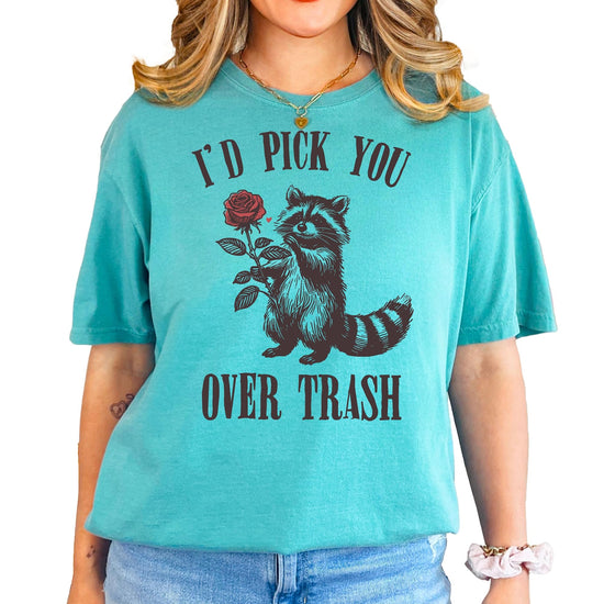 Side or lifestyle view of women's funny raccoon Valentine's Day graphic t-shirt in ivory