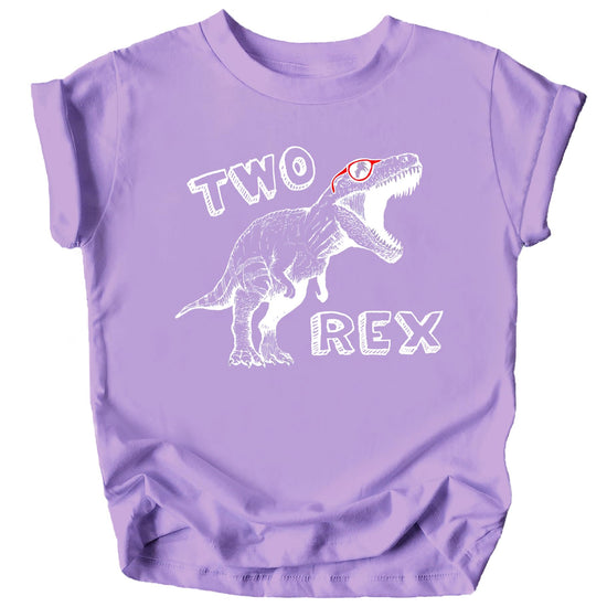 Two-Rex birthday tee laid flat showing full white graphic on mauve cotton shirt