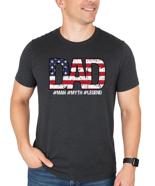 Front view of patriotic graphic tee with DAD in American flag letters and hashtag Man Myth Legend