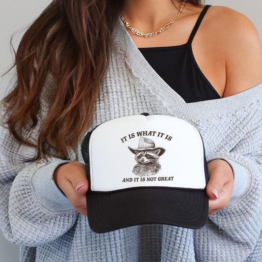 It Is What It Is Trucker Hat Raccoon Graphic Adult Foam Front Classic 5 Panel Mesh Snapback