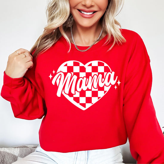 Kids red Valentine's Day checkered heart sweatshirt laid flat, mommy and me style