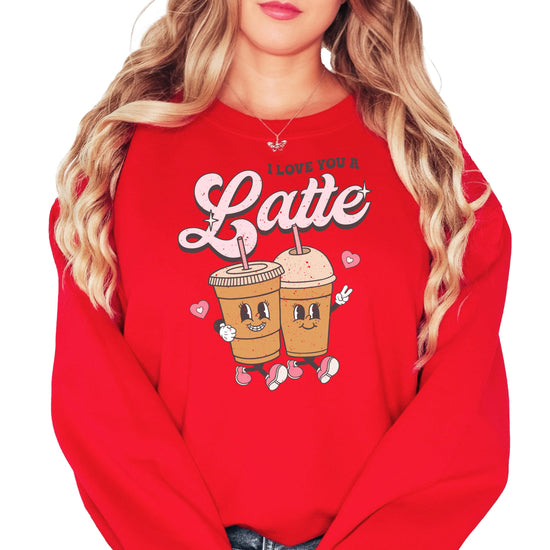 Front view of gray I Love You A Latte Valentine's sweatshirt on model