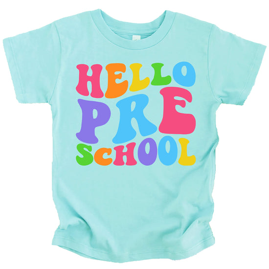 Close-up of wavy Hello Preschool print on purple kids shirt