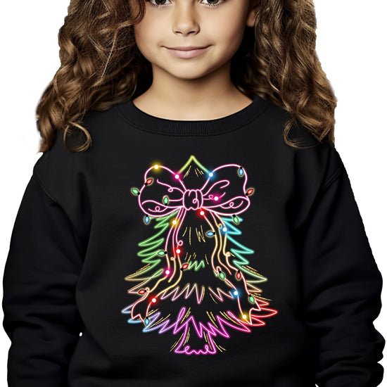 Flat lay of black neon Christmas tree graphic pullover sweatshirt holiday style