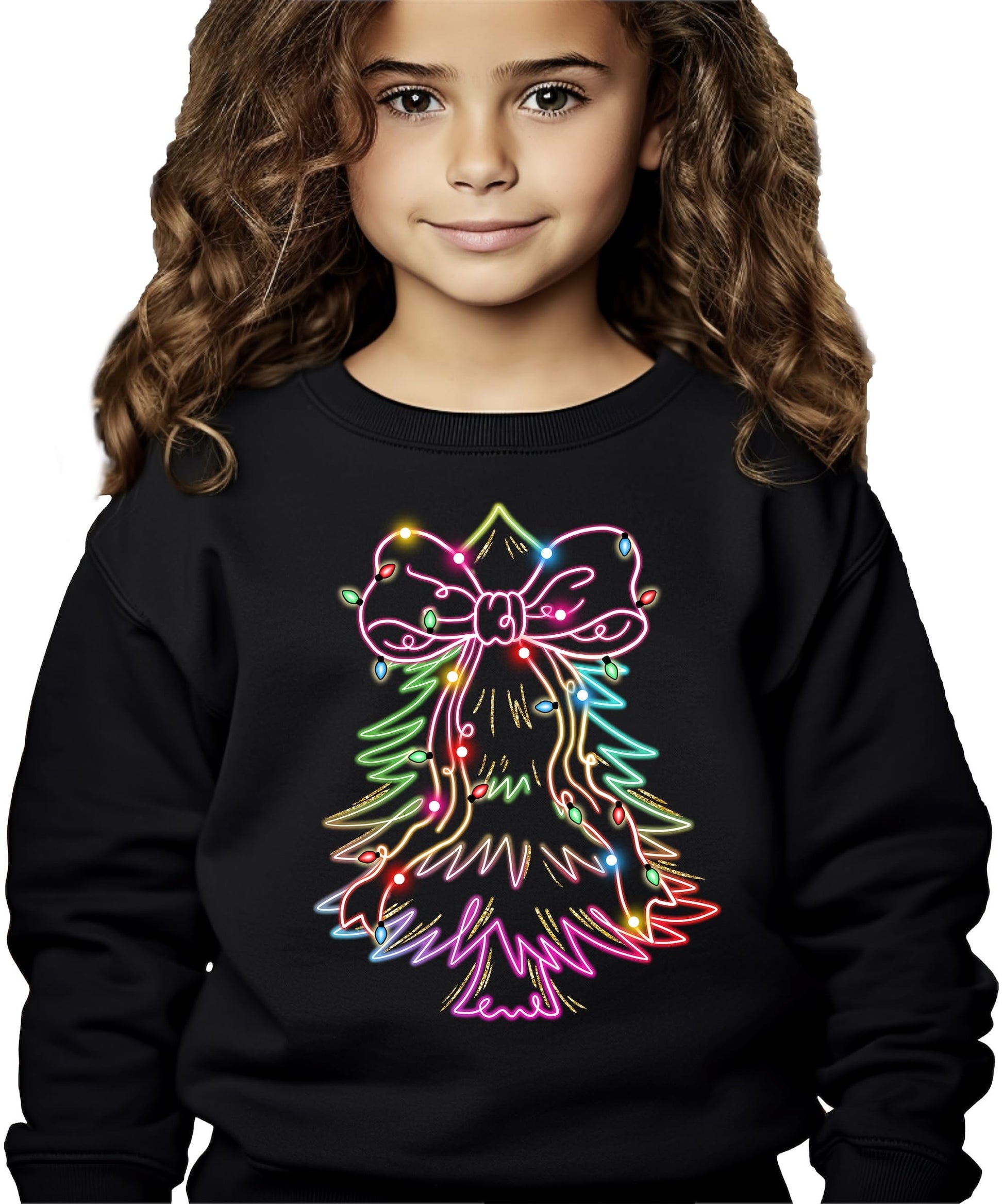 Flat lay of black neon Christmas tree graphic pullover sweatshirt holiday style