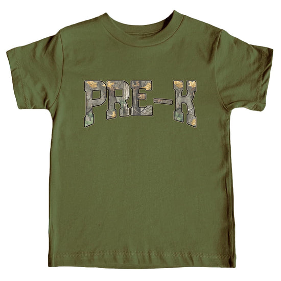 Front view of Pre-K camo graphic tee for toddlers and kids in natural color