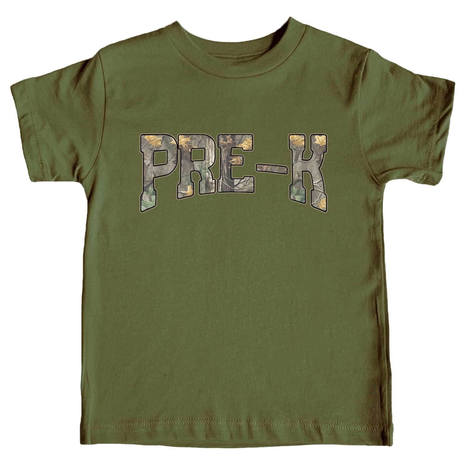 Front view of Pre-K camo graphic tee for toddlers and kids in natural color