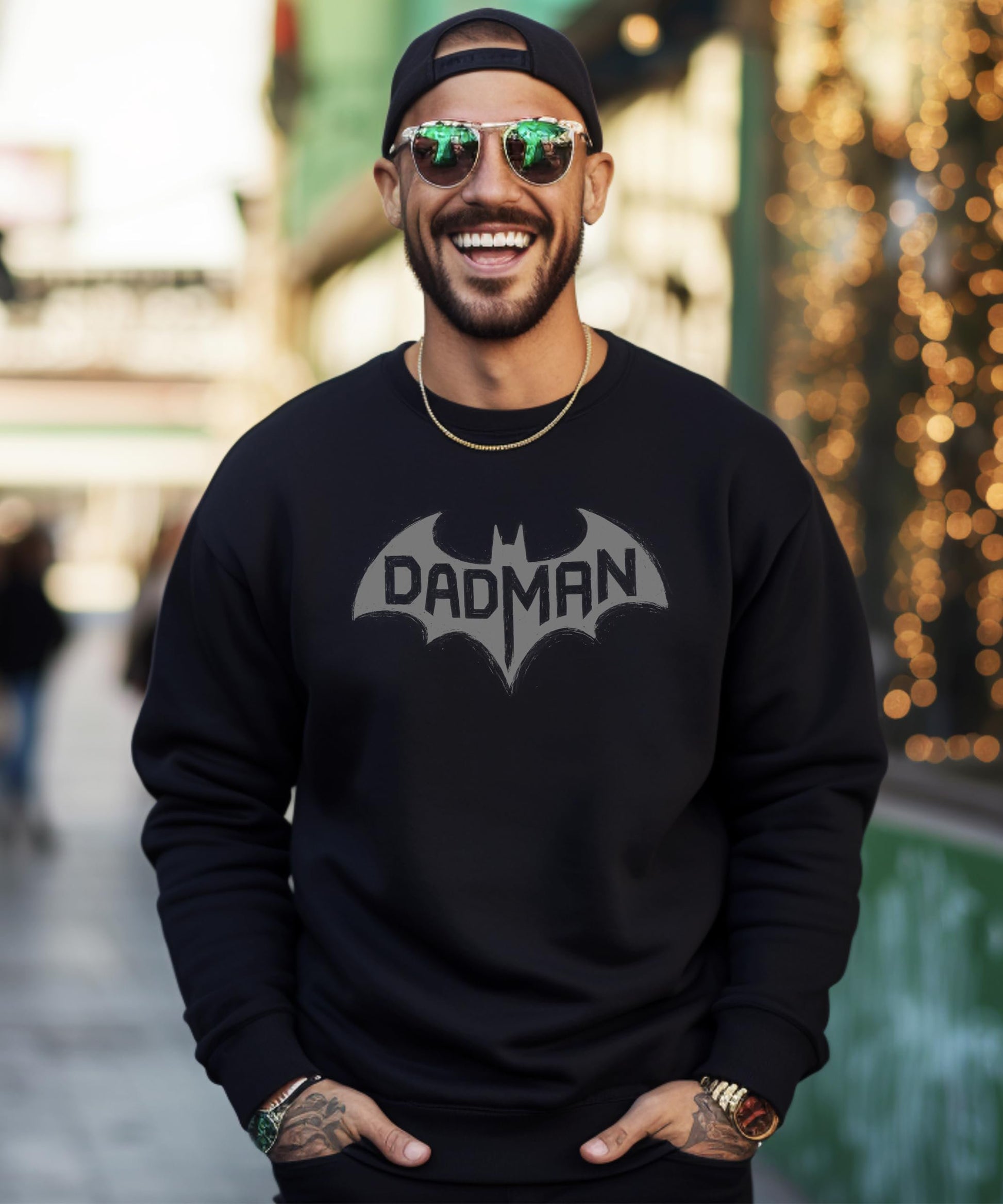 DadMan Hero sweatshirt laid flat showing full front graphic design on white fabric