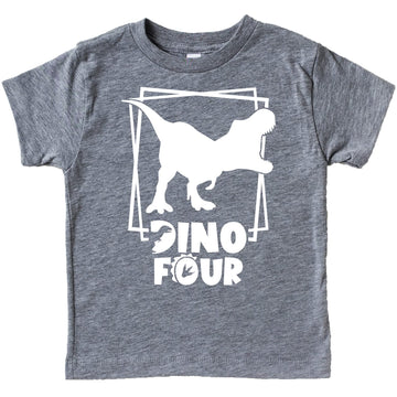 Dino Four Square Dinosaur 4th Birthday Shirts for Baby Toddler & Youth Boys & Girls White on Military Green Shirt 4T