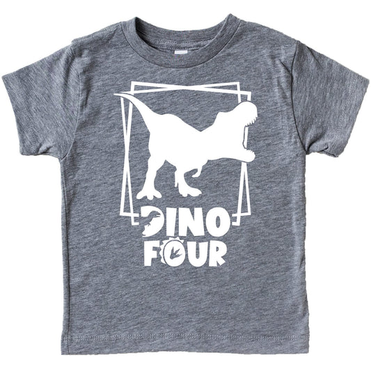 Military green toddler tee with white dino four square dinosaur graphic for 4th birthday