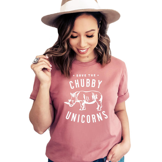 Woman modeling Save The Chubby Unicorns funny rhino women's tee