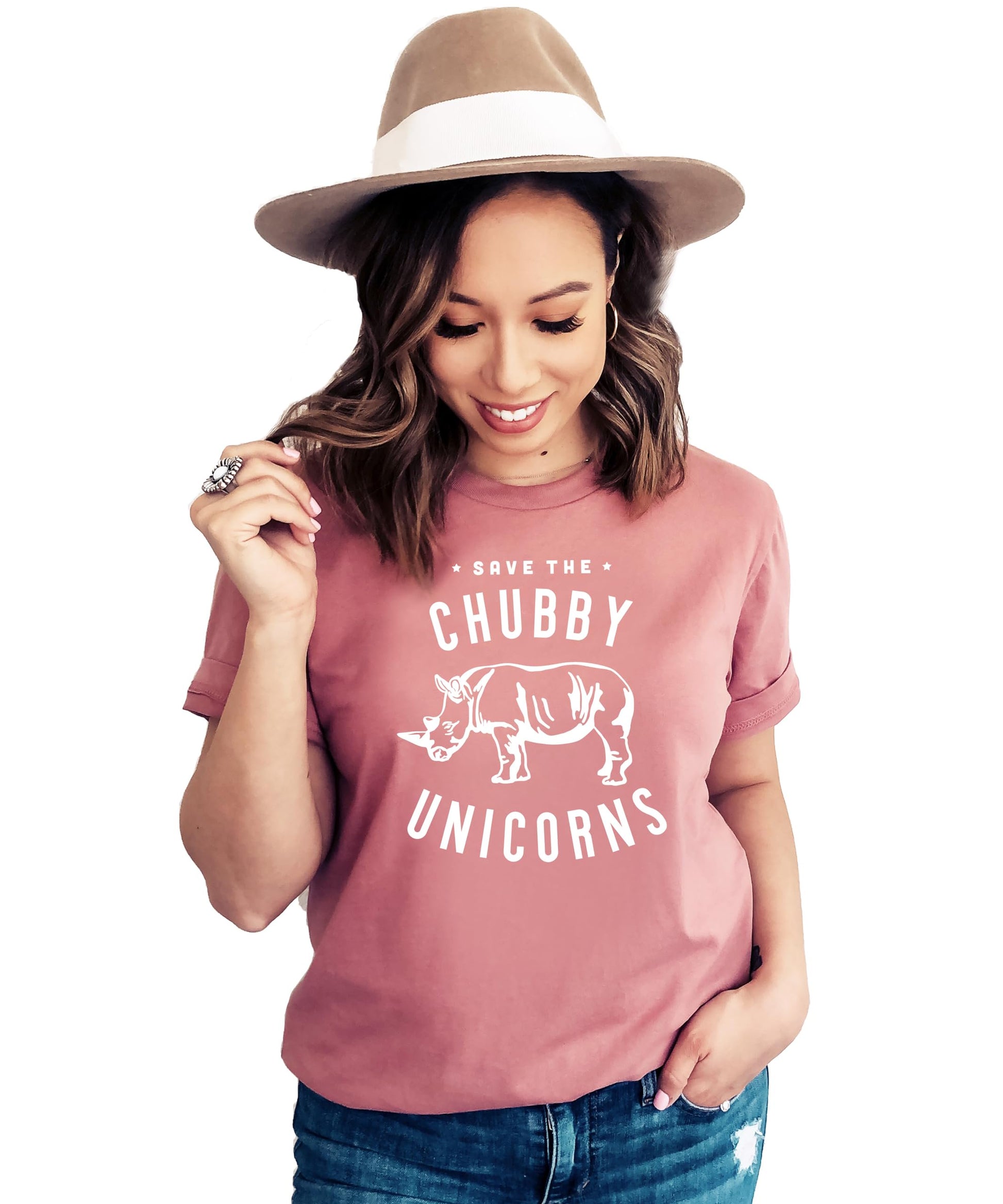 Woman modeling Save The Chubby Unicorns funny rhino women's tee