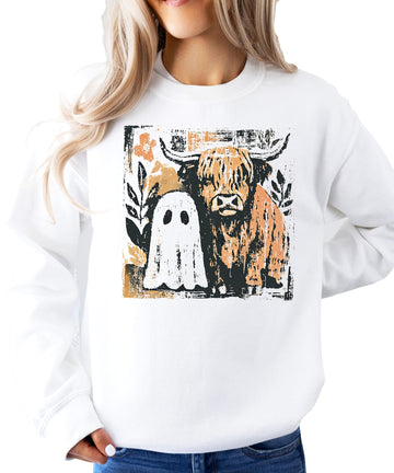 Trendy Fall Highland Cow & Little Ghost Sweatshirt for Women, Kids and Teens White Sweatshirt Adult Medium