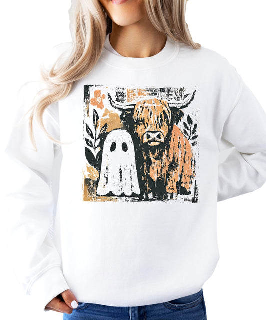 Trendy Fall Highland Cow & Little Ghost Sweatshirt for Women, Kids and Teens White Sweatshirt Adult Medium