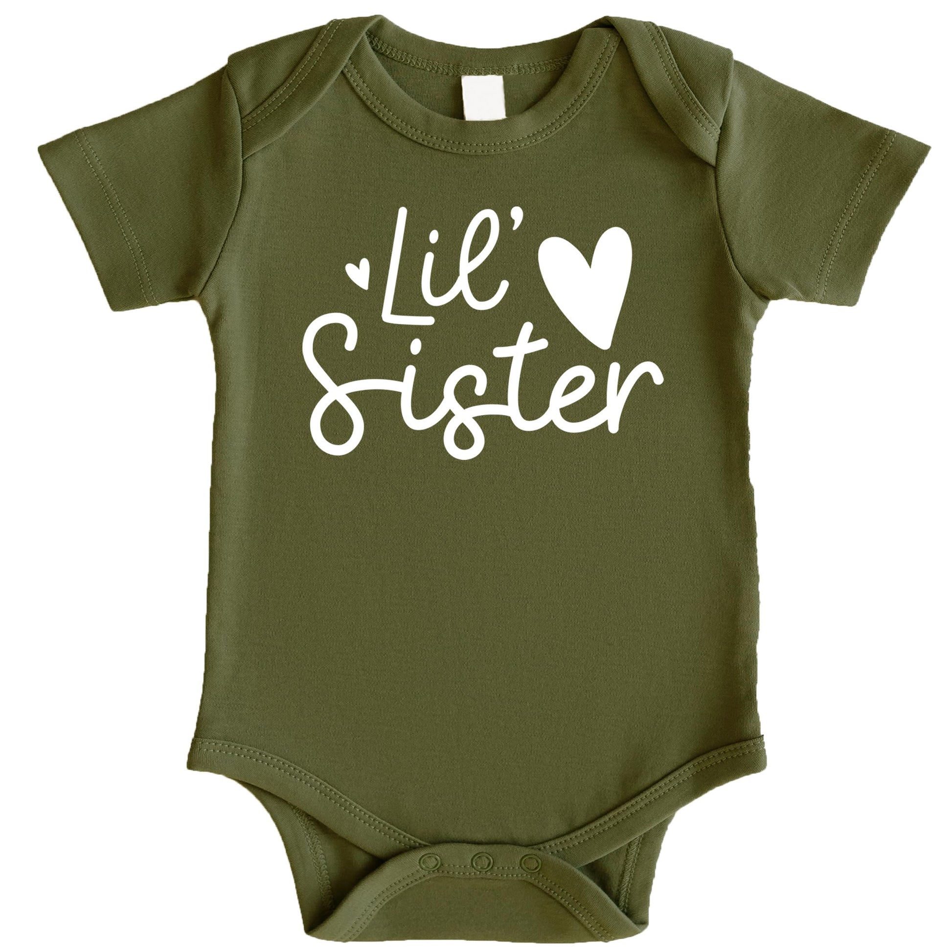 Close-up of Lil Sister heart print on mauve infant bodysuit