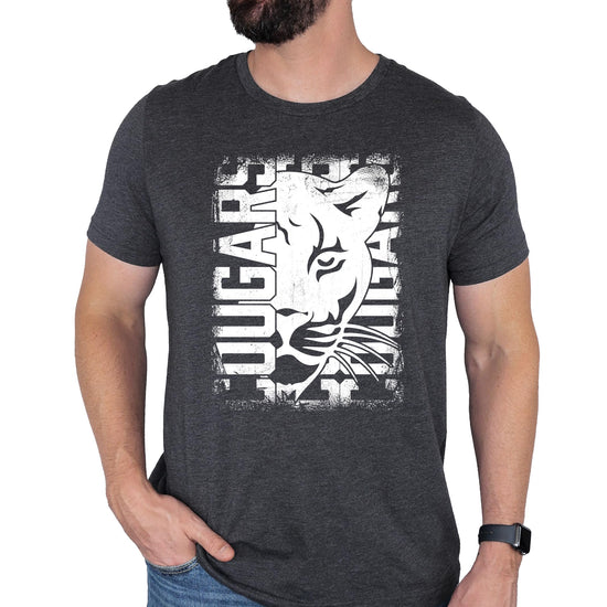 Close-up of Cougars mascot graphic print detail on black adult t-shirt
