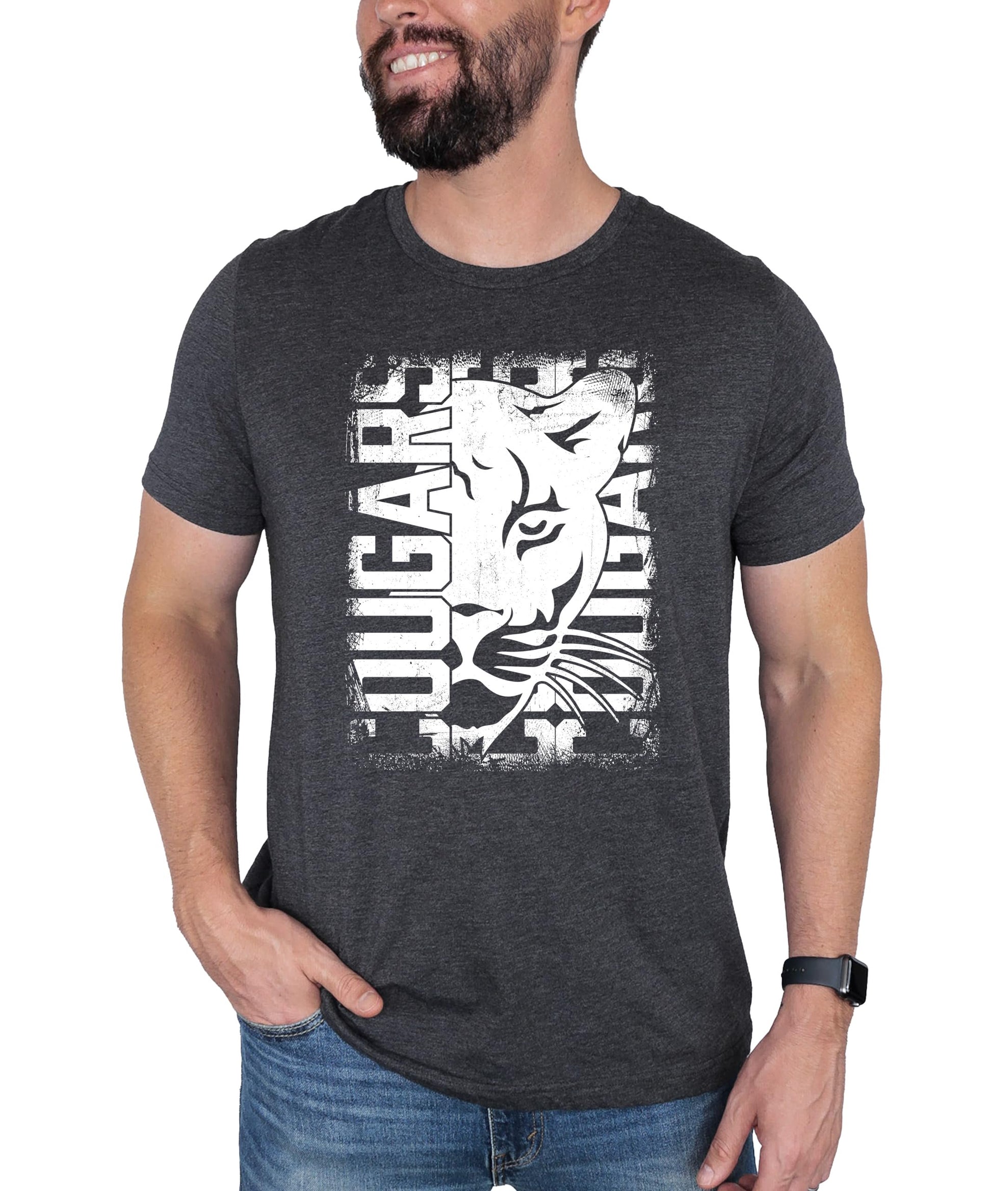 Close-up of Cougars mascot graphic print detail on black adult t-shirt