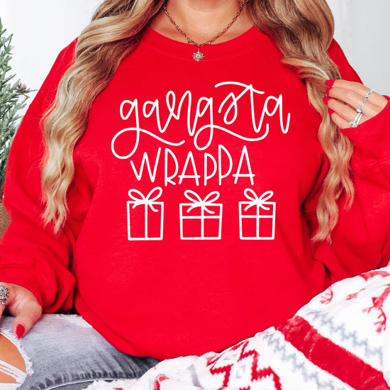 Adult modeling Gangsta Wrappa funny sarcastic Christmas sweatshirt in black