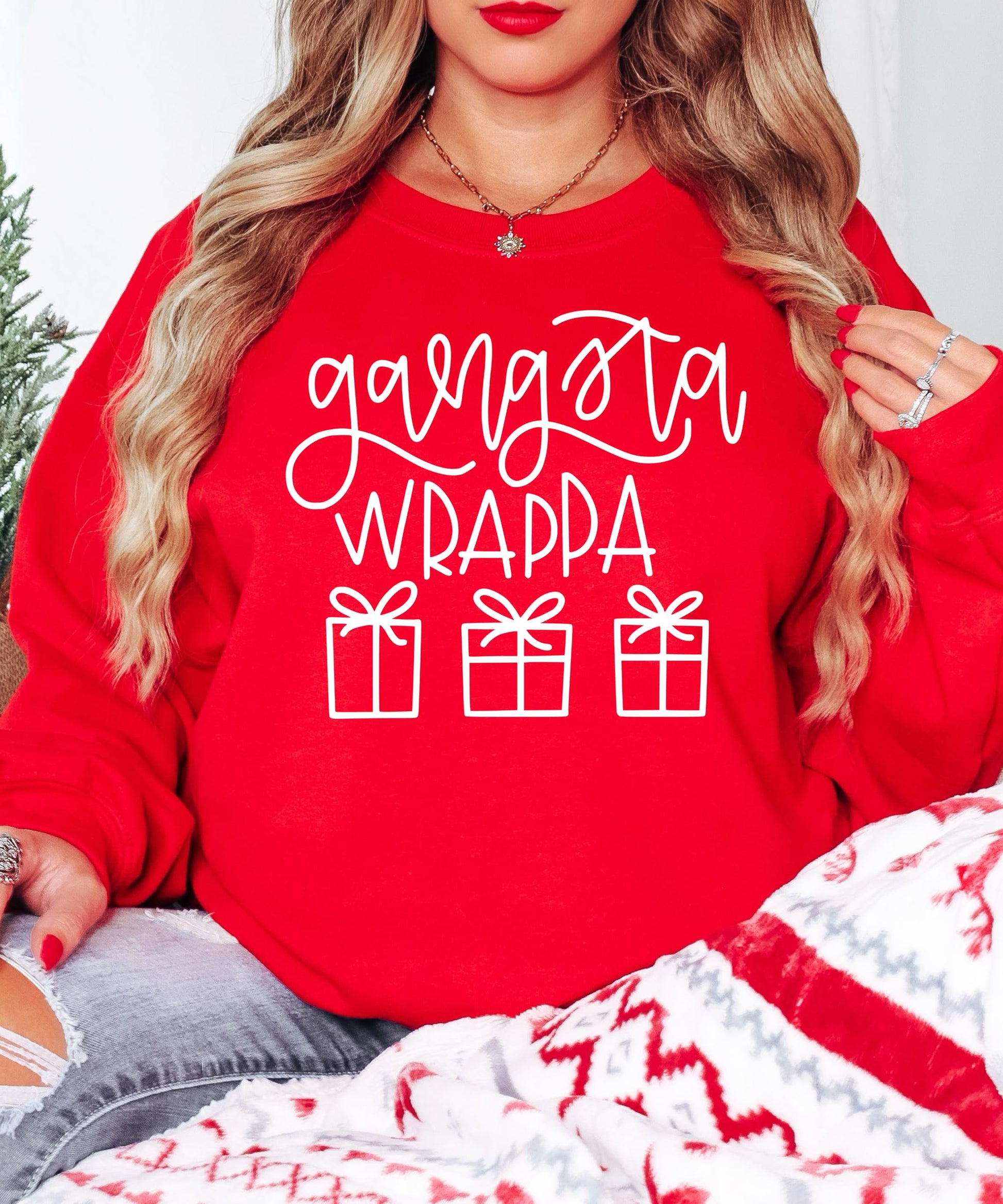 Adult modeling Gangsta Wrappa funny sarcastic Christmas sweatshirt in black