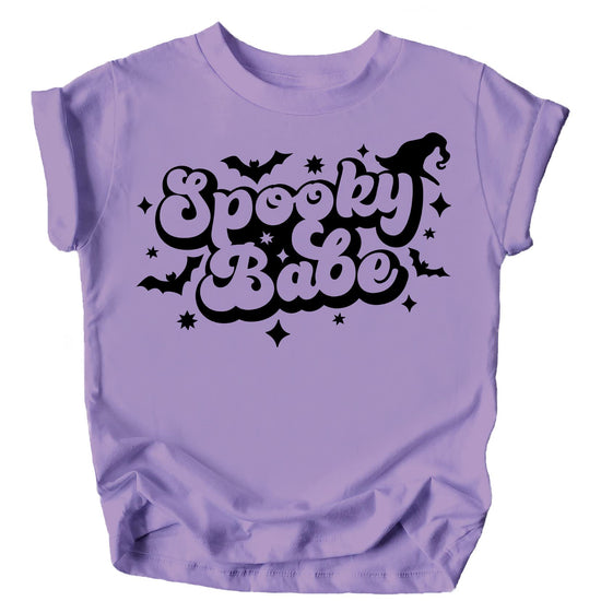 Back view of Spooky Babe spiderweb Halloween tee for baby and toddler girls