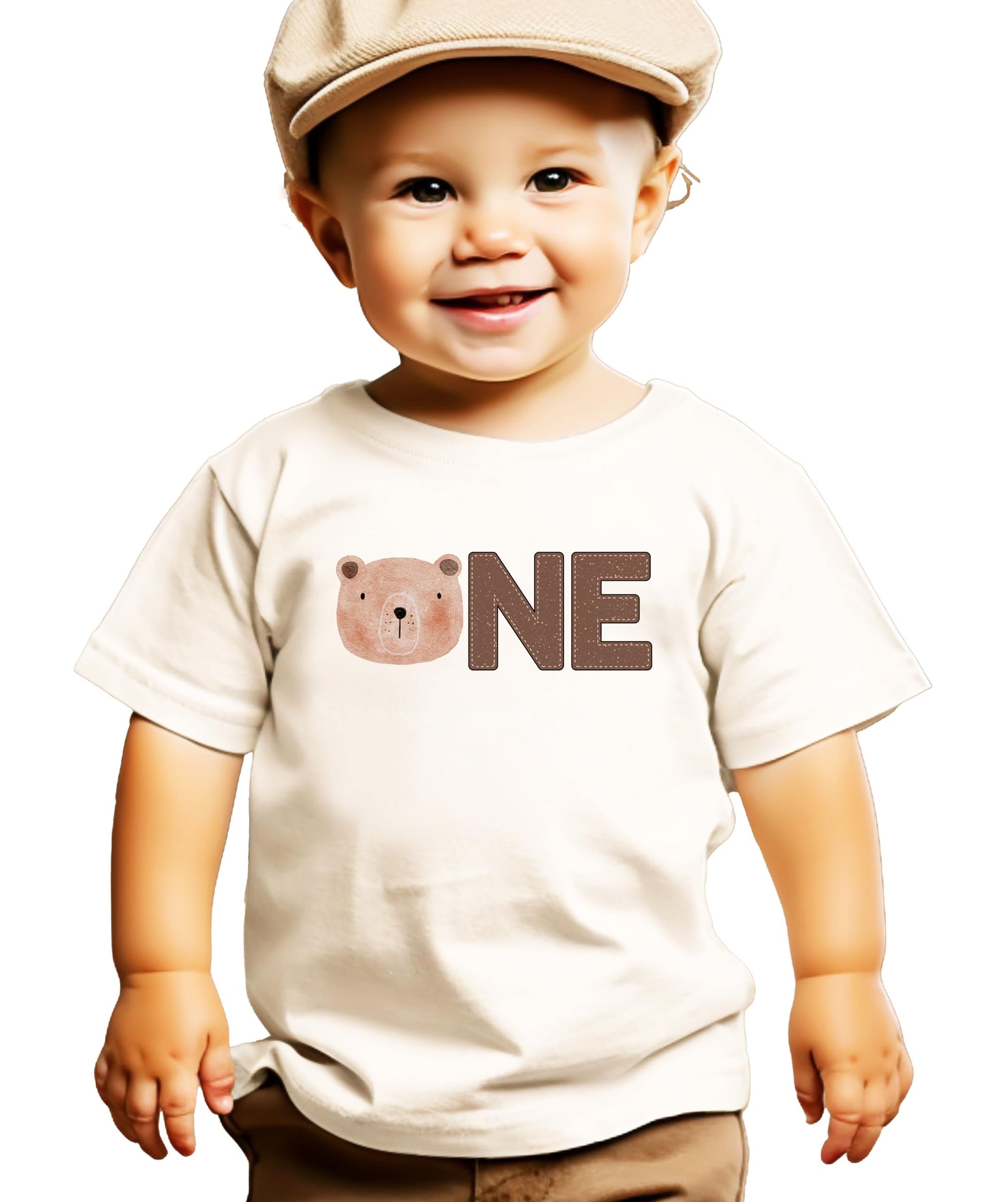 Close-up of bear-themed ONE graphic on a natural boys first birthday shirt