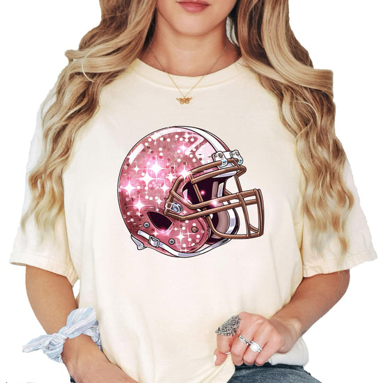 Seafoam pink glitter football helmet shirt styled for game day casual wear