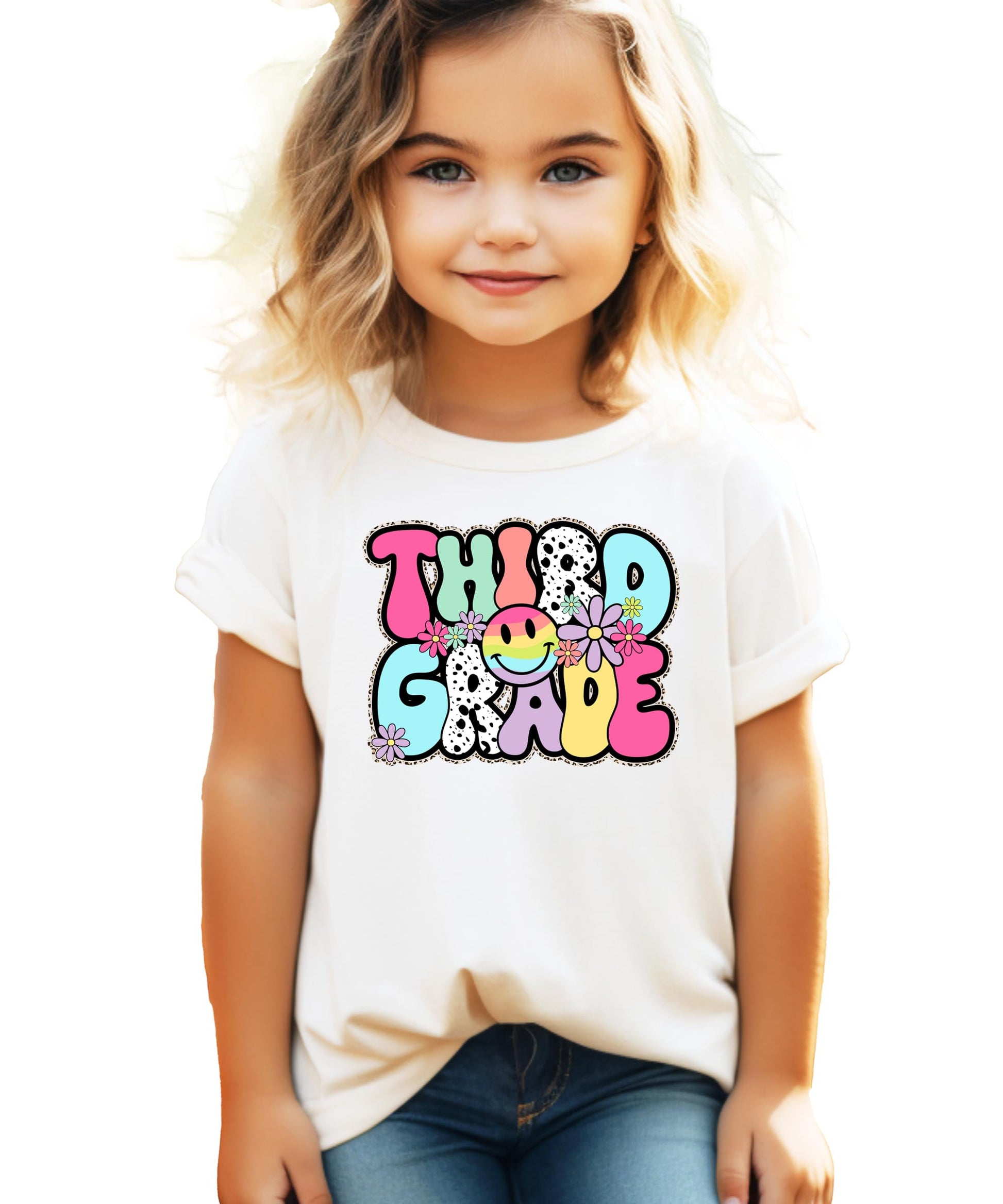 Front view of girls retro 3rd grade back to school graphic tee with printed glitter effect