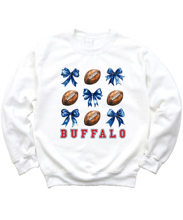 Bold Red Buffalo Football Sweatshirt for Women Teens and Girls Footballs and Blue Bows Sweater