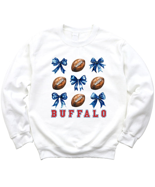 Bold Red Buffalo Football Sweatshirt for Women Teens and Girls Footballs and Blue Bows Sweater
