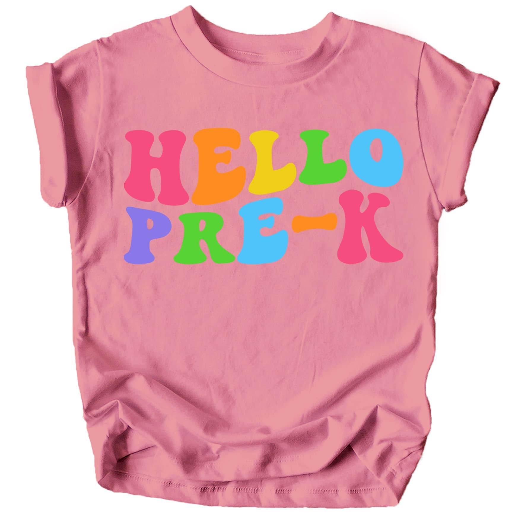 Hello Pre-K graphic shirt laid flat showing colorful wavy text design in purple
