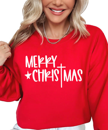 Red pullover sweatshirt with Merry Christmas cross graphic design for the holiday season
