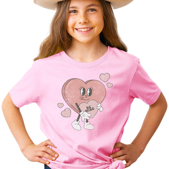 Front view of pink Be Mine Valentine's Day graphic tee for girls and youth