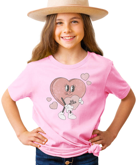 Front view of pink Be Mine Valentine's Day graphic tee for girls and youth